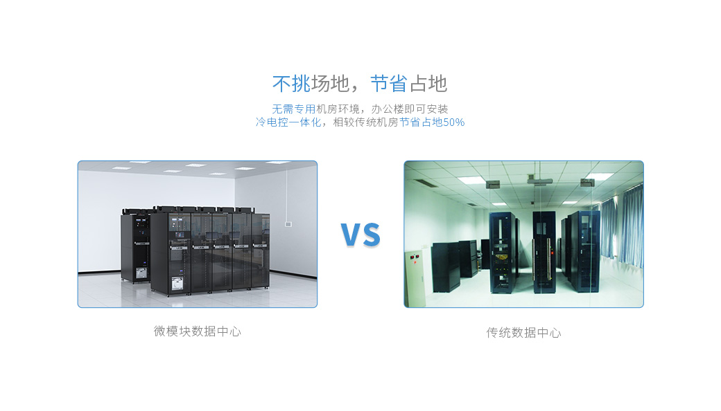 不挑场地，节省占地 无需专用机房环境，办公楼即可安装； 冷电控一体化，相较传统机房节省占地50%